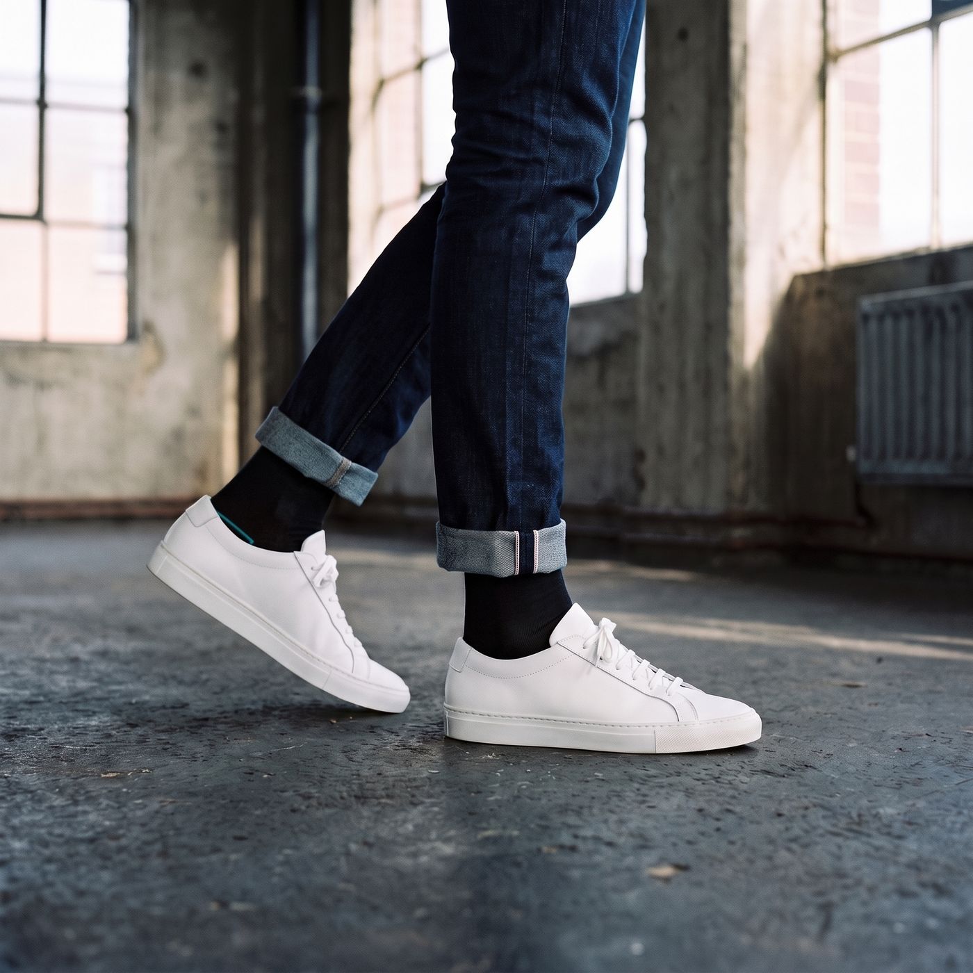 Schwarz zu Jeans und weißen Sneakern